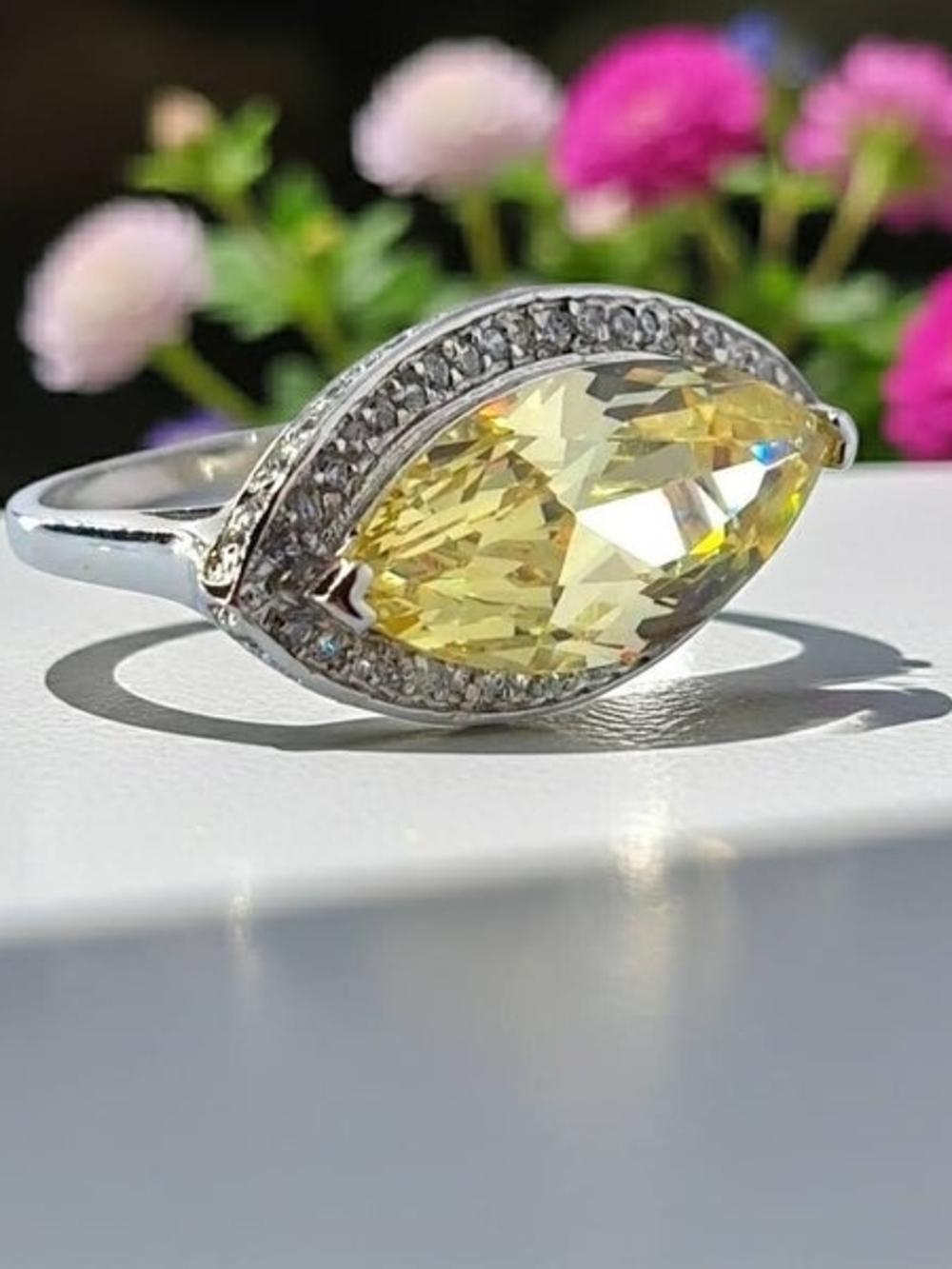 Yellow Marquise Crystal Halo Ring - Women's Silver-tone Band